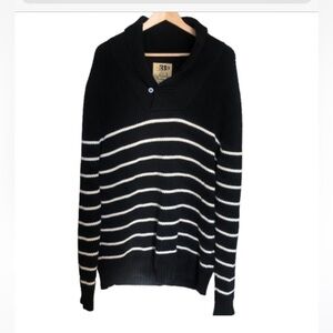Coastal Marine Chunky Knit Black and White Striped Cotton Sweater XL